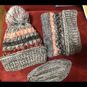 Gray Multicolor Stripe Knit Beanie Set -One Size